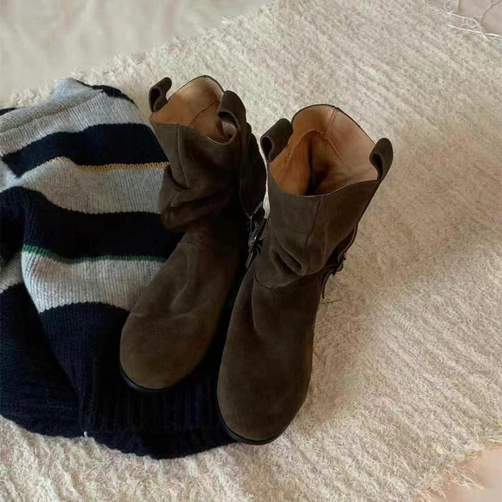 Cowhide Version~ Retro Pleated Stacking Boots Women's Korean Version Niche Maillard Short Boots Western Cowboy Boots Knight Boots