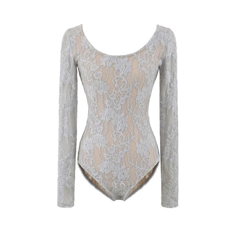 Женский боди-комбинезон с кружевом и сеткой, с U-образным вырезом, облегающий Small серый