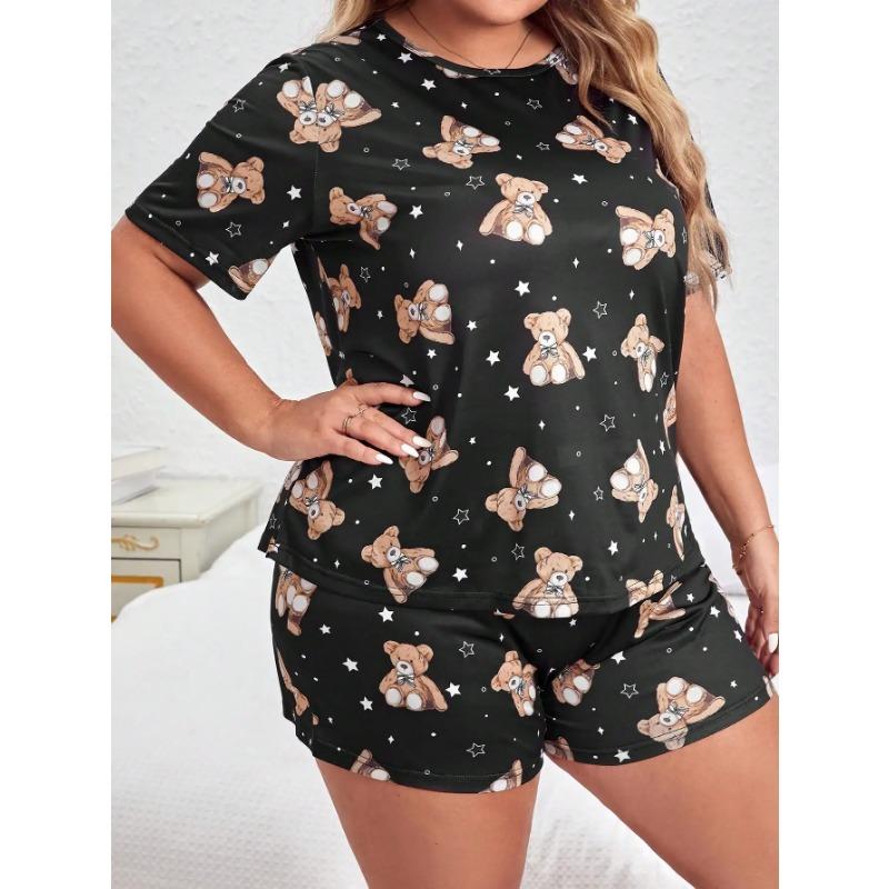 Summer Cute Cartoon Bear Printed Short Sleeved Top&shorts Oversized Women's Pajamas Home Clothing Set