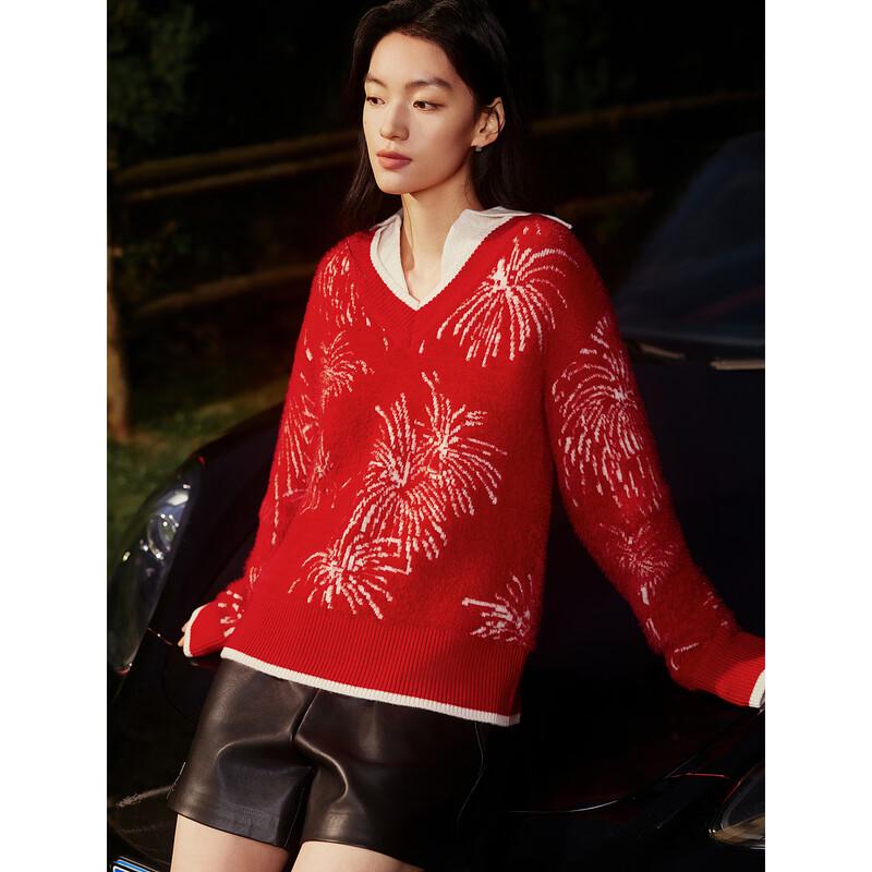 ELLE XUZHI Red Lambswool Firework Color-block Sweater L