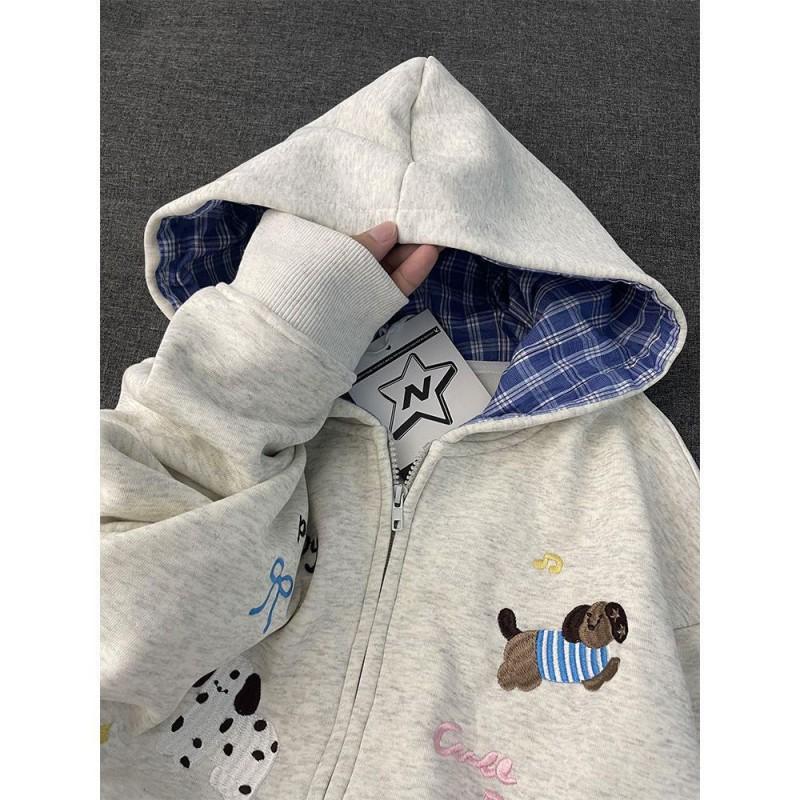 Womens Oversized Cartoon Dog Print Polo Collar Hooded Sweatshirt Loose College Style 2025