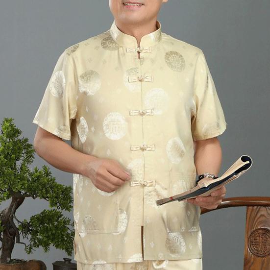 Men Shirt Blessing Pattern Knot Buckle Short Sleeve Solid Color Stand Collar Tang Suit Shirt Kung Fu Clothes for Chinese New Year