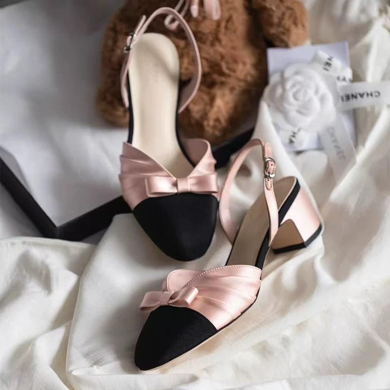 Sheepskin version~ French Xiaoxiangfeng bow bag head sandals thick heel back strap gentle temperament light mouth single shoes women