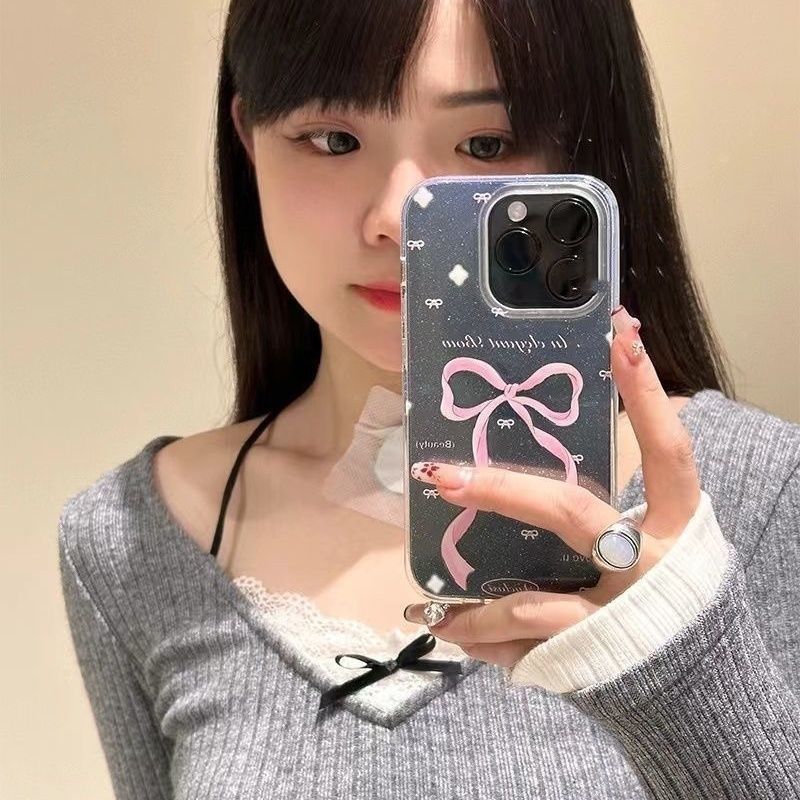 Pink bow in English is suitable for Apple 16 mobile phone case 15promax glitter soft case 14 15 large holes XS simple.