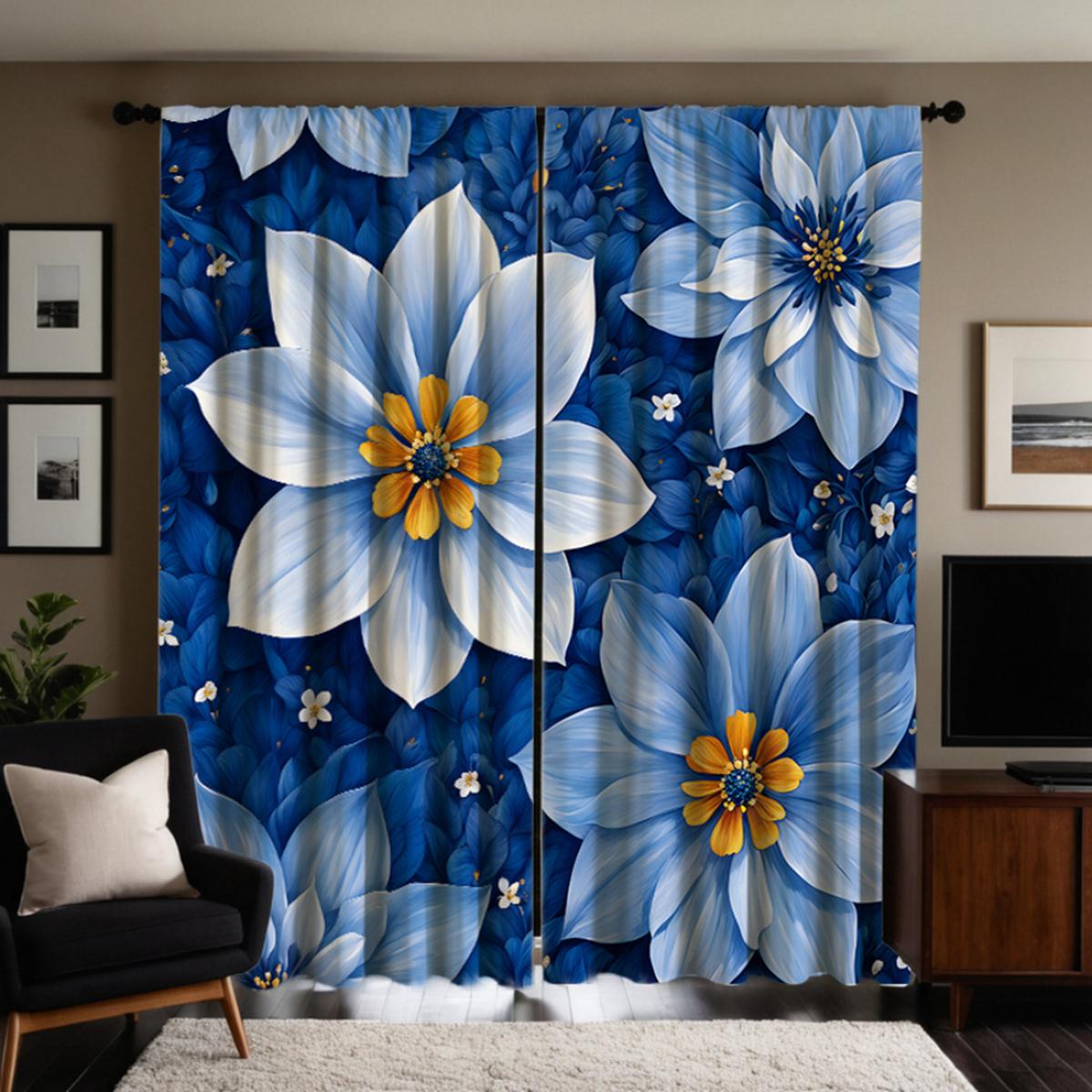 

2 шт. HD синяя декоративная занавеска с изображением подсолнечника Синяя цифровая занавеска с принтом для украшения дома, стиль декора гостиной, спальни W52H63inchW132H160cm