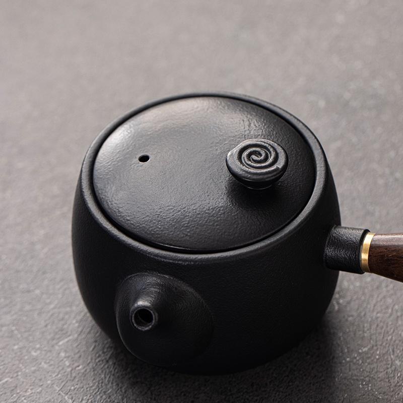 320ml Ceramic Teapot, Coarse Earthenware Side-Handled Teapot, Black Pottery Gongfu Tea Set