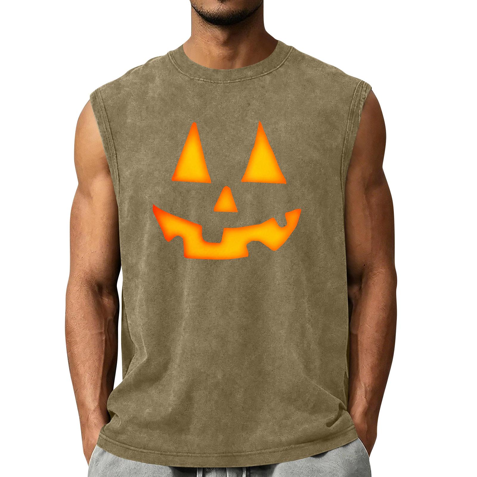 Men s Sleeveless Crew Neck Tank Top Vintage Washed Casual Comfortable Halloween Pumpkin Face Print Muscle Shirt S