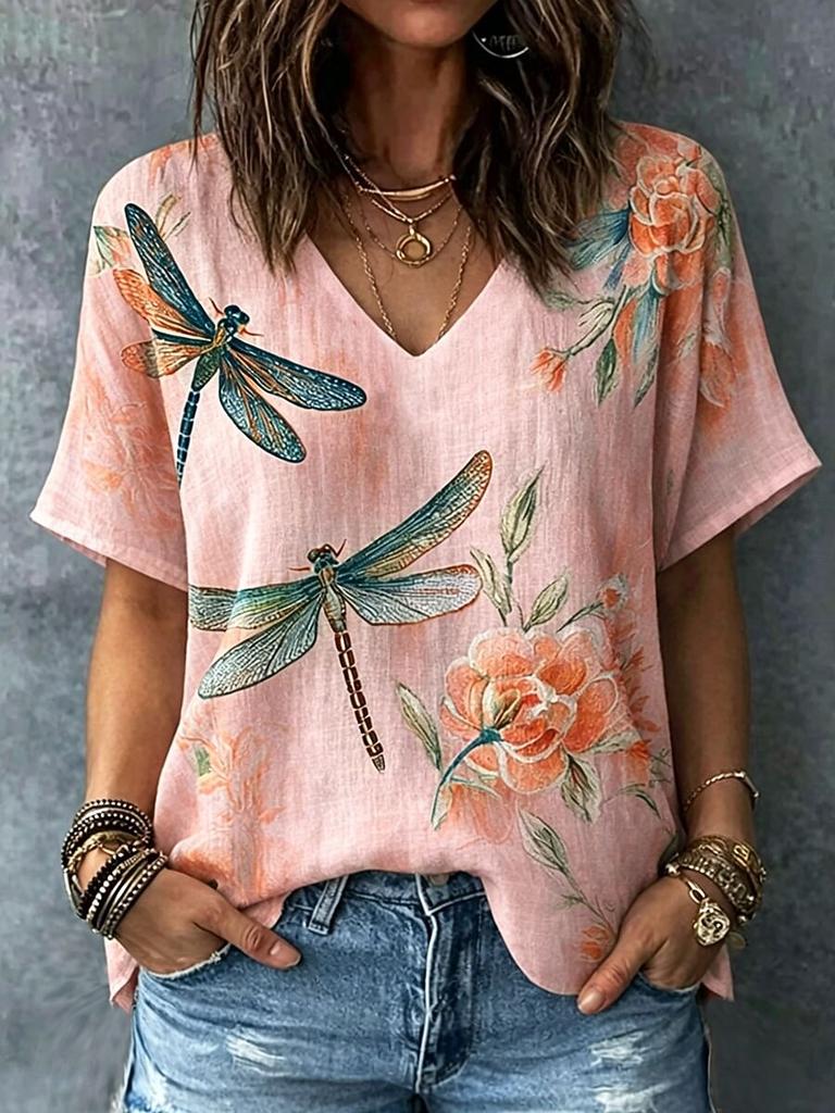 Funny Dragonfly 3D Print T Shirt For Women Fashion Flower Pattern Oversized Tops Casual V-neck Short Sleeve Tees Summer Clothing