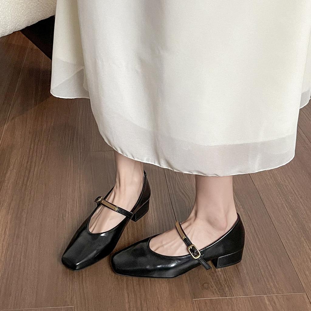 Square head single shoes women's light mouth thick heel new one-word buckle Mary Jane shoes