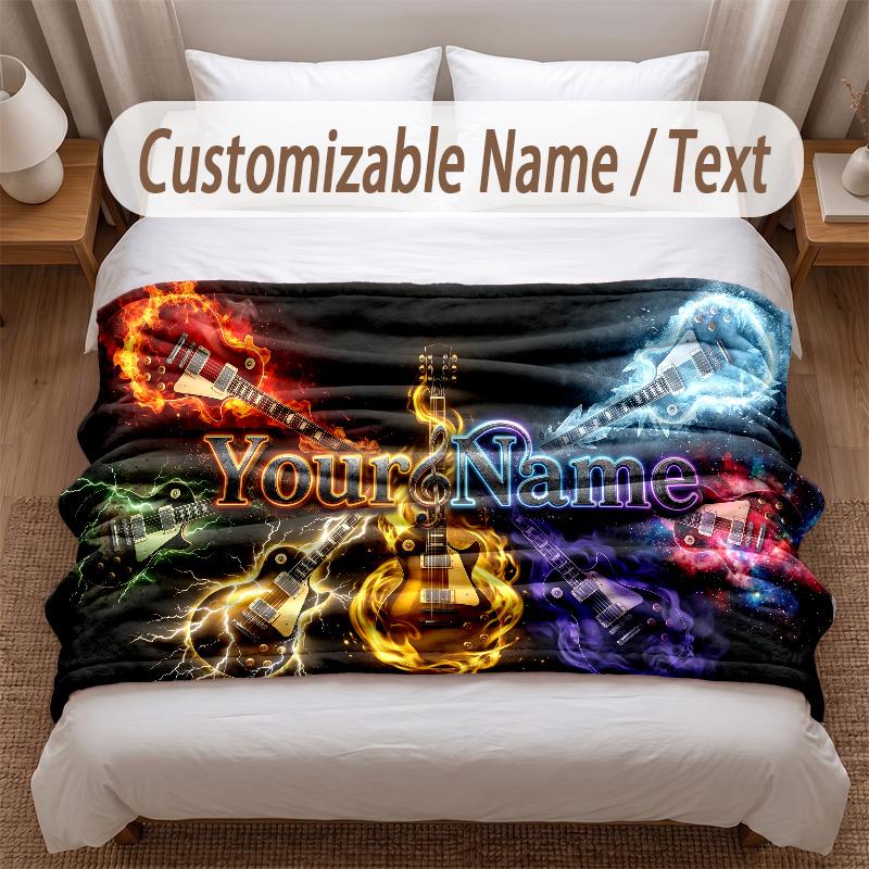 Music Guitar Theme Soft Blanket Personalized Custom Name Text Print Warm Blanket Home Sofa Bedroom Decor