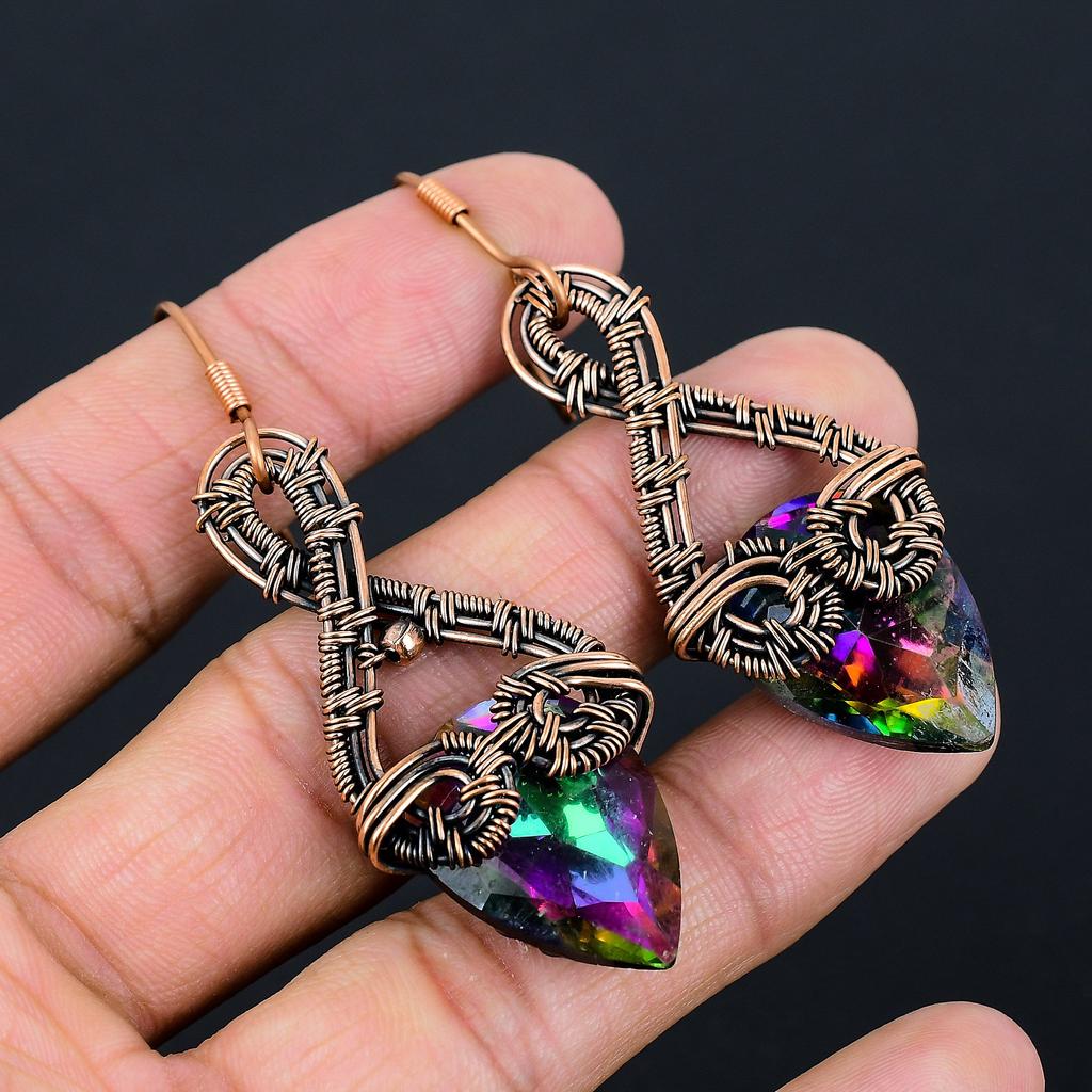 Natural Mystic Topaz Gemstone Handmade Copper Wire Wrap Earring 2.76 w4M85