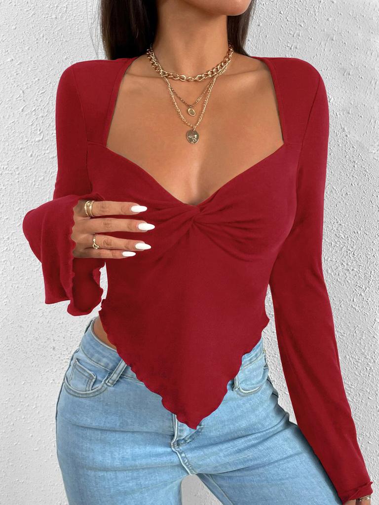 T-shirt Vacation V-neck Flared Sleeve Waisted Irregular Knit Long-sleeved T-shirt Tops