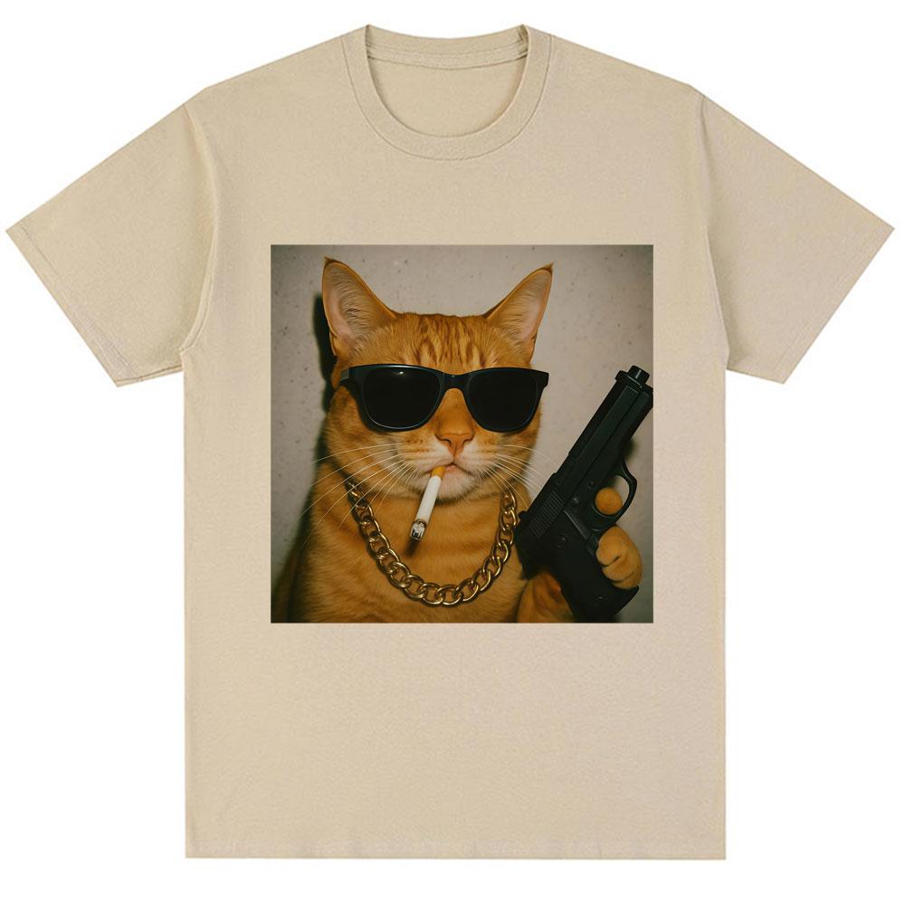 Funny Gangster Cat Fan Pattern T-shirt for Men and Women Cat Enthusiasts Retro T-shirt Casual T-shirt