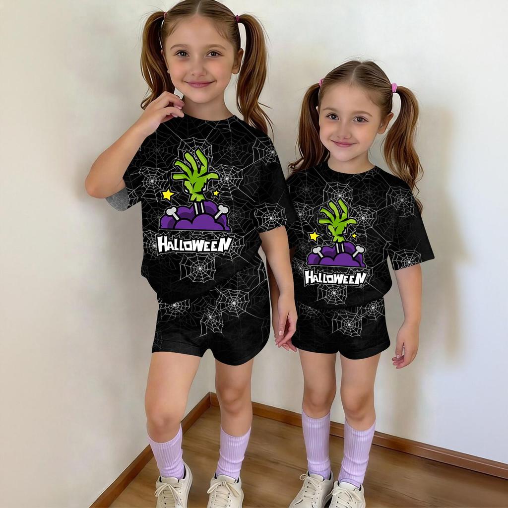 Kids Halloween Print Short Sleeve T-Shirt and Shorts Set Casual 2-Piece Outfit for Boys and Girls