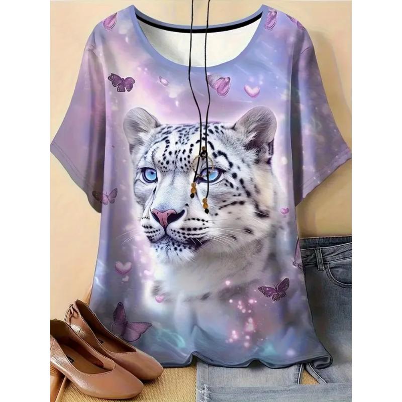 Comfortable Tee Fashion Women's Crew Neck Short Sleeve Animal Short Sleeve Animal T-Shirt 3D Animal Color Printing Tops