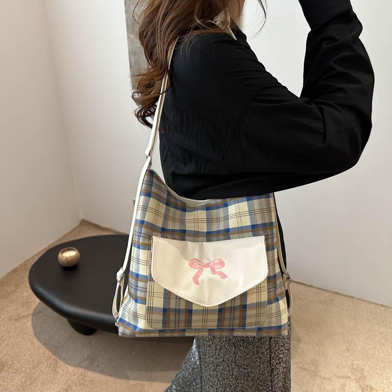 Fashion Multifunctional Contrast Color Plaid Large Capacity Casual Fashion College Sweet Bow One Shoulder Tote Bag Women