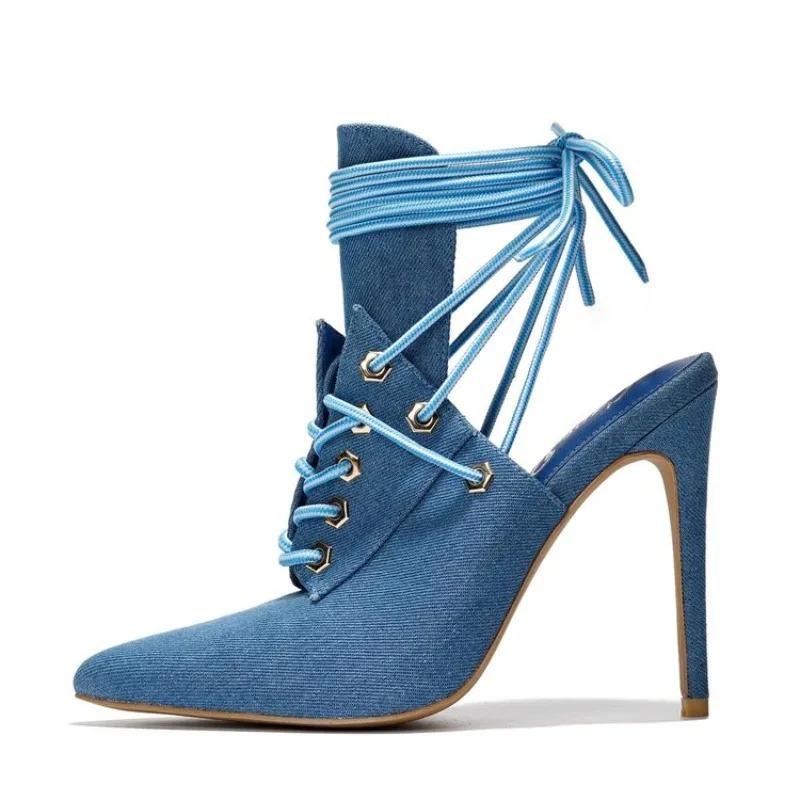 Fashion Fashion Blue Denim Cross Strap High Top Cool Boots European American Ankle Hollow Out Sexy Strap Pointed Party Sandals Size 43