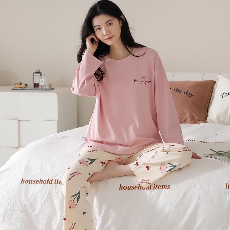 Women's Pure Cotton Long Sleeve Pajamas with Built-in Bra Pads - Cozy for Autumn/Winter, Casual Home Wear, and Suitable for Outdoors.