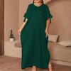 Plus Size Middle Eastern Women's Solid Color Round Neck Bow Slit Long Dress - Loose, Elegant, and Comfortable
