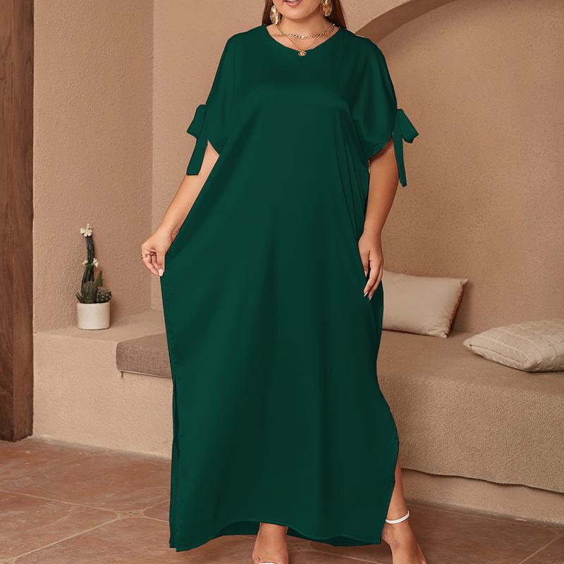 Plus Size Middle Eastern Women's Solid Color Round Neck Bow Slit Long Dress - Loose, Elegant, and Comfortable