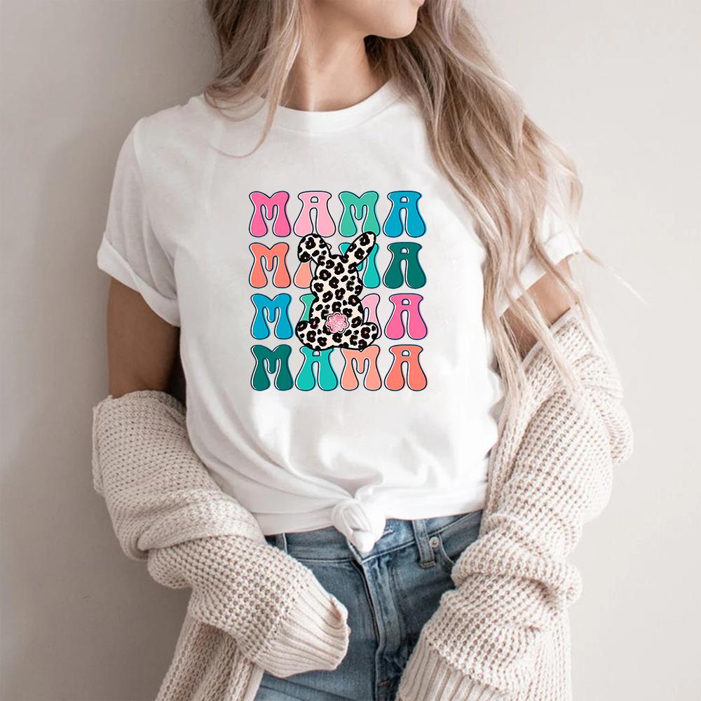 Easter Mama Bunny Graphic Tees Cute Colorful and Leopard Print Letter Designs for Spring Holiday Top Shirts for Women