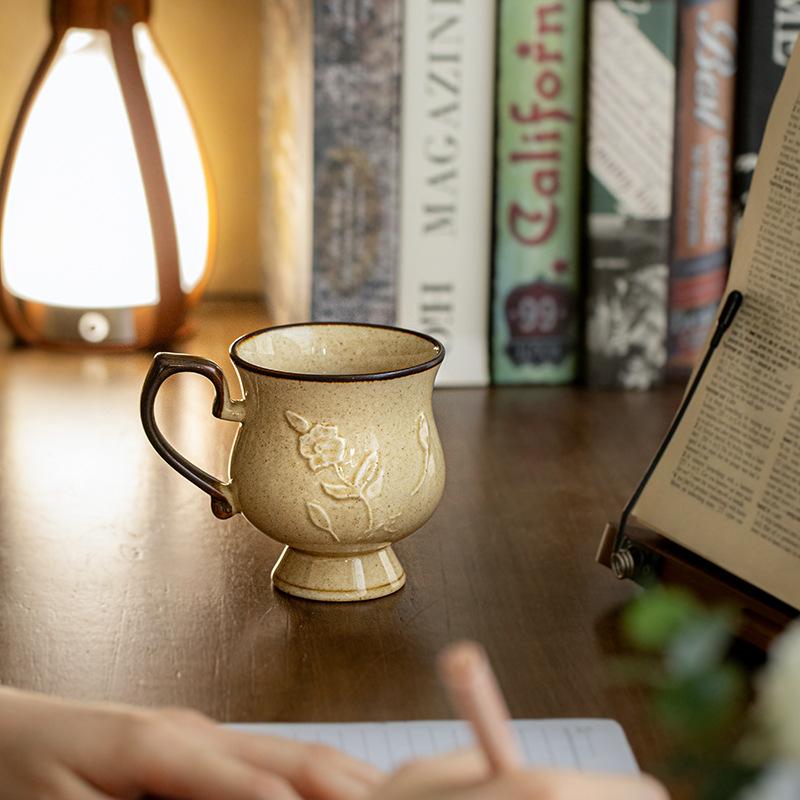 Hibiscus Exquisite Flower Cup Medieval Relief Tall French Ceramic Coffee Cup Water Cup Outlet