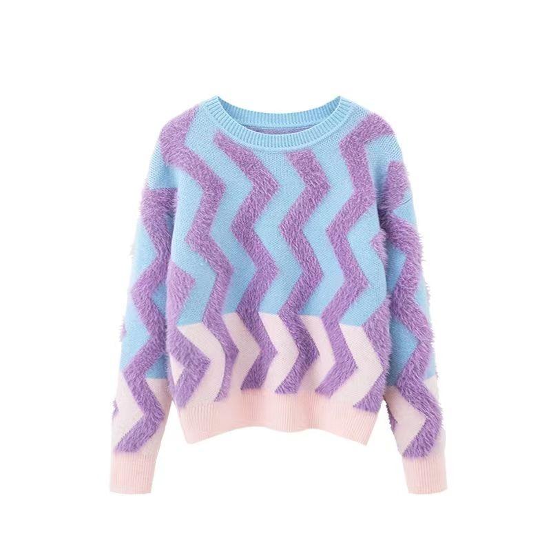 

Модный пуловер в полоску для женщин, 2023, повседневный зимний зимний пуловер с круглым вырезом, высококачественный вязаный свитер с длинными рукавами, женские топы One Size фиолетовый
