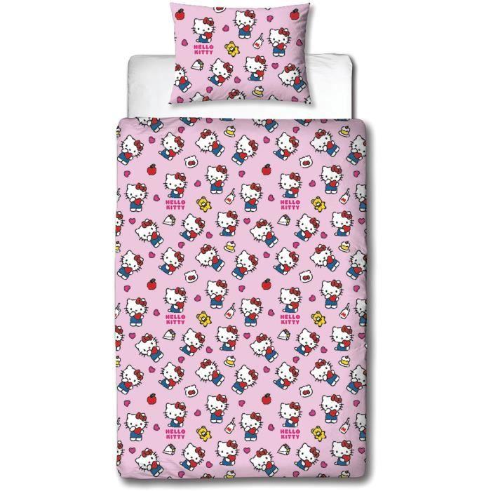 Parure de lit réversible - HELLO KITTY - Microfibre - 1 housse de couette 140 x 200 cm + 1 taie 63 x 63 cm