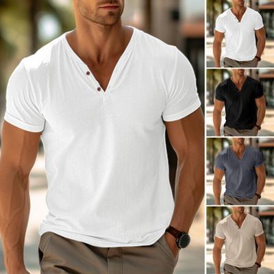 Men's Henry Collar T-shirt Short Sleeve Solid Color Summer Tee Shirt Cotton Blend Casual Top for Daily Wear Beach Travel