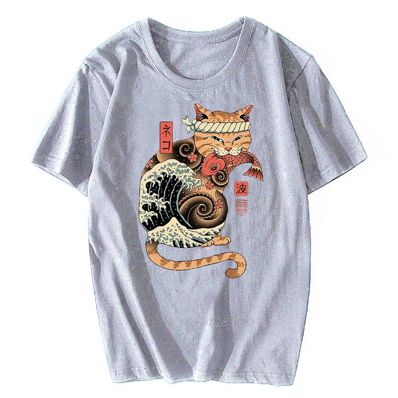 Anime Samurai Cat T Shirt Men Japanese Ukiyo-E Ninja Cat Print T-Shirt Mens Casual Tshirt Male Fashion Streetwear Harajuku Tees