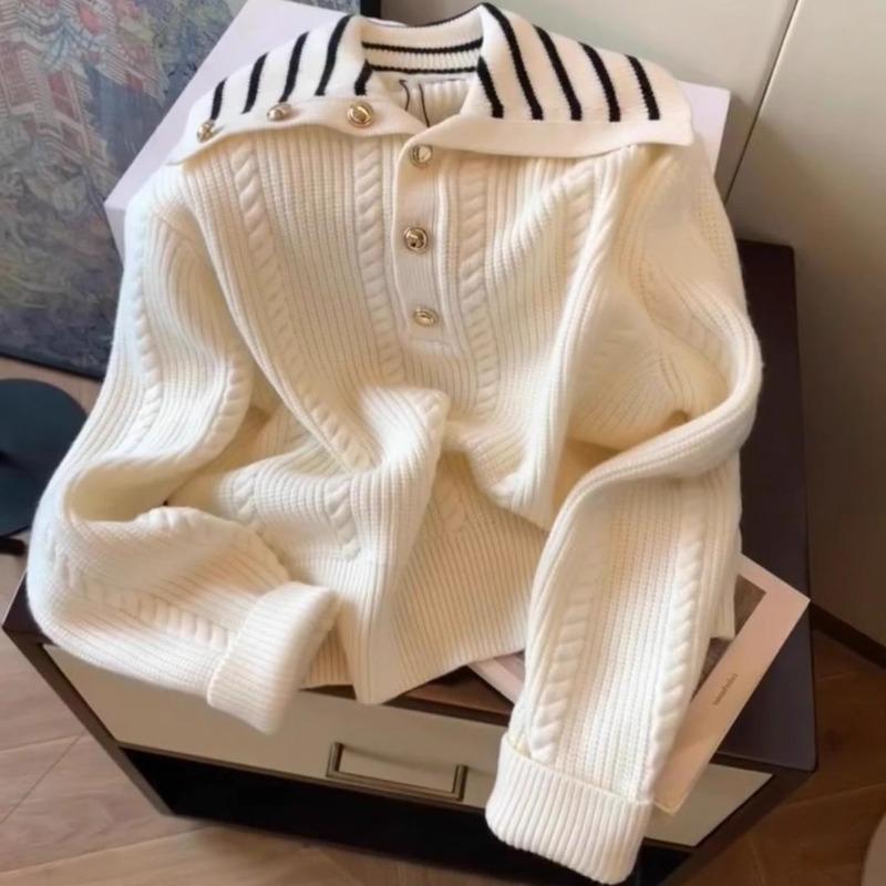 

College style striped lapel knitted sweater women s autumn and winter new high-end temperament simple fashionable top one size fits all білий