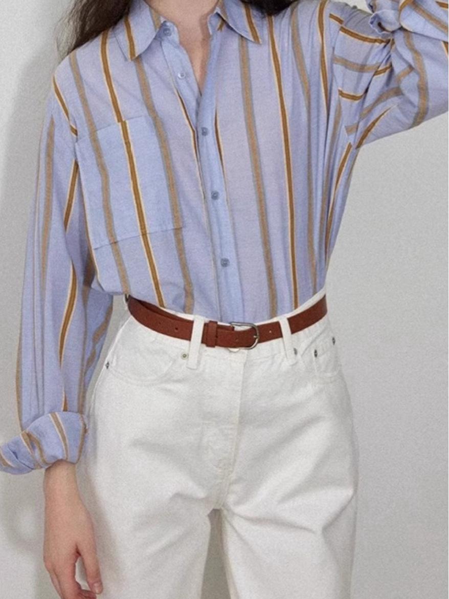 

Женская полосатая рубашка со свободными лацканами - цвет морской соли и сладкого апельсина S