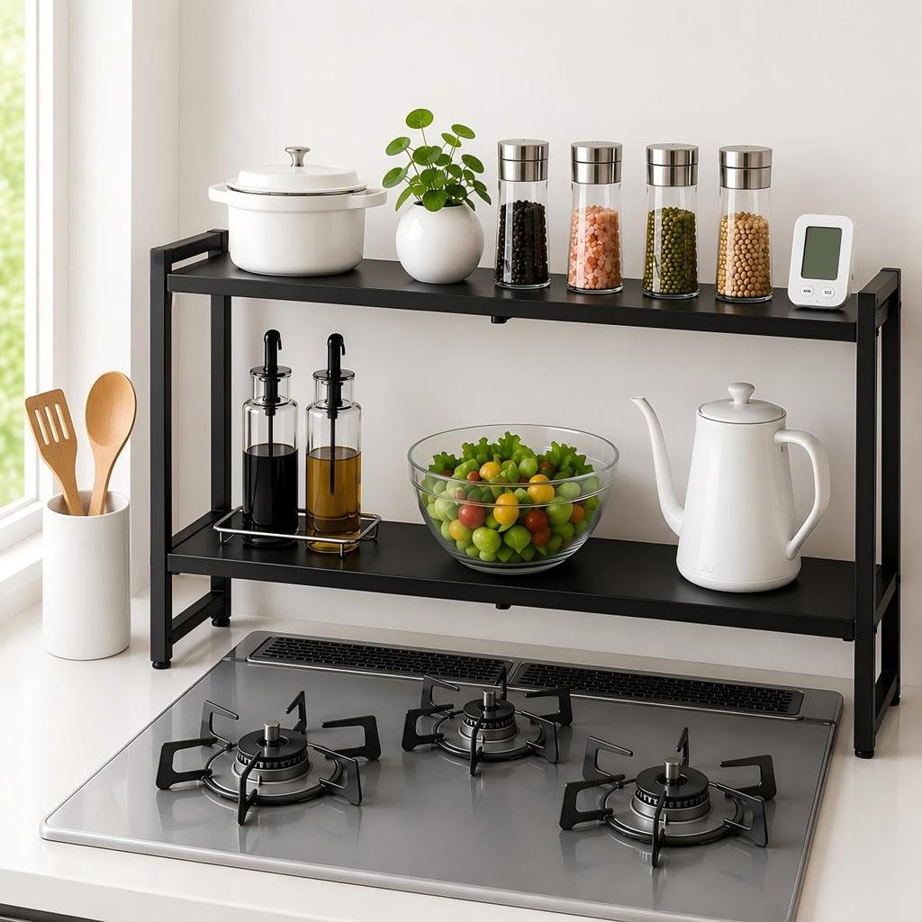 DAIWIN Stove Rack 2-Tier Width Adjustable 4370cm Height 8-Level Shelf Board Additional Compatible Does Not Interfere Gas Valve Rear Spice Black