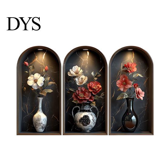 Easy Install Wall Sticker 3 Pcs 3D Vase Stickers Vintage Flower Art Space Extension Self-Adhesive Colorful Floral Blossom Decals for Bedroom