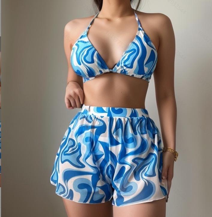 European & American Sexy Print Three-Piece Bikini Set - Women's Bandage Swimwear for Vacation