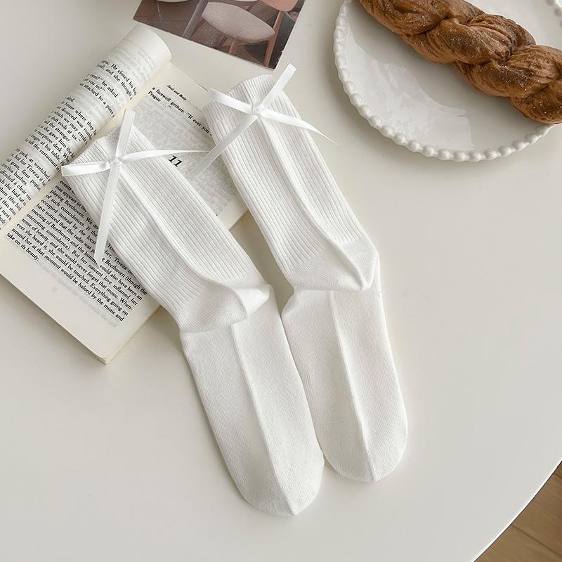 Japanese JK Sweet Bowknot Tied Middle Tube Socks Women Heel Bow Socks Casual Black White Pile Socks Girls Sports Cotton Socks