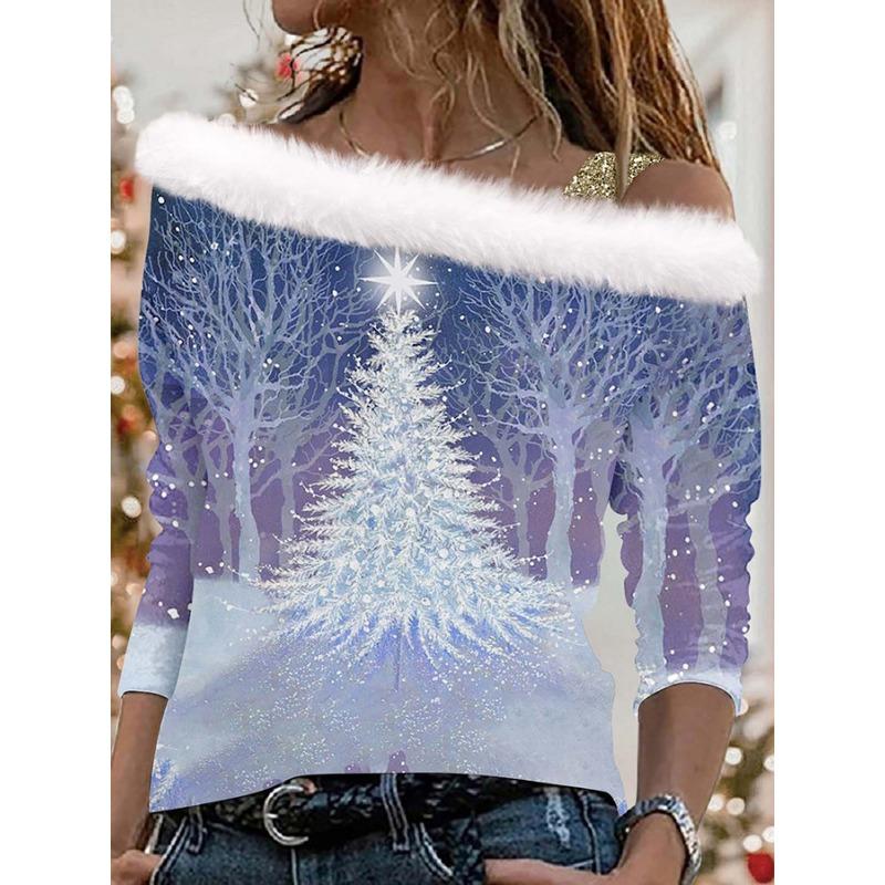 Damski top z długim rękawem z ukośnym kołnierzem Modny damski luźny sweter z nadrukiem świątecznym z odkrytymi ramionami