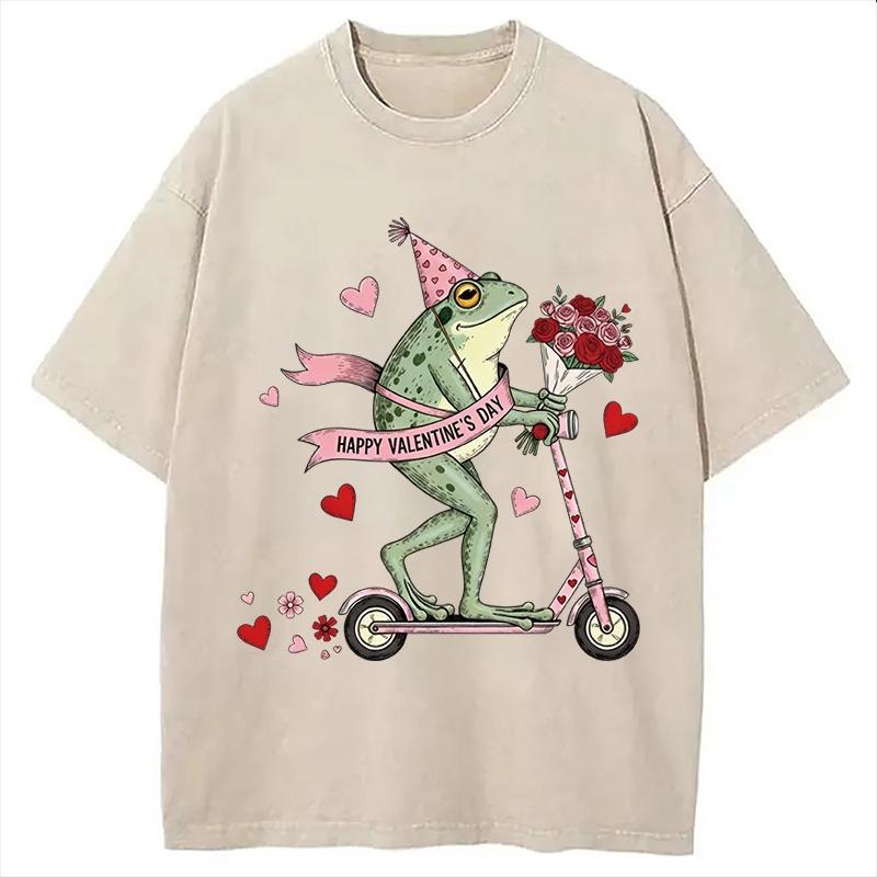 Funny Frog Valentine Washed T-Shirt Men's Short Sleeve Summer Round Neck Tee Oversized Harajuku Chic Couple Tunics Females