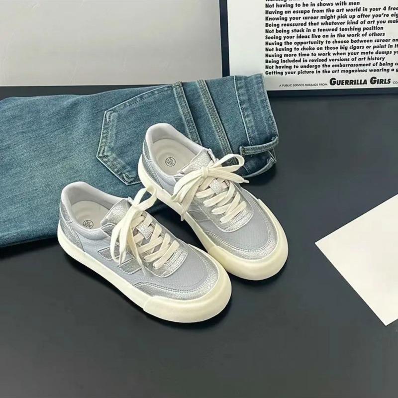 Board shoes women's summer breathable low-top flat-bottomed elegant silver casual shoes versatile student soft sole