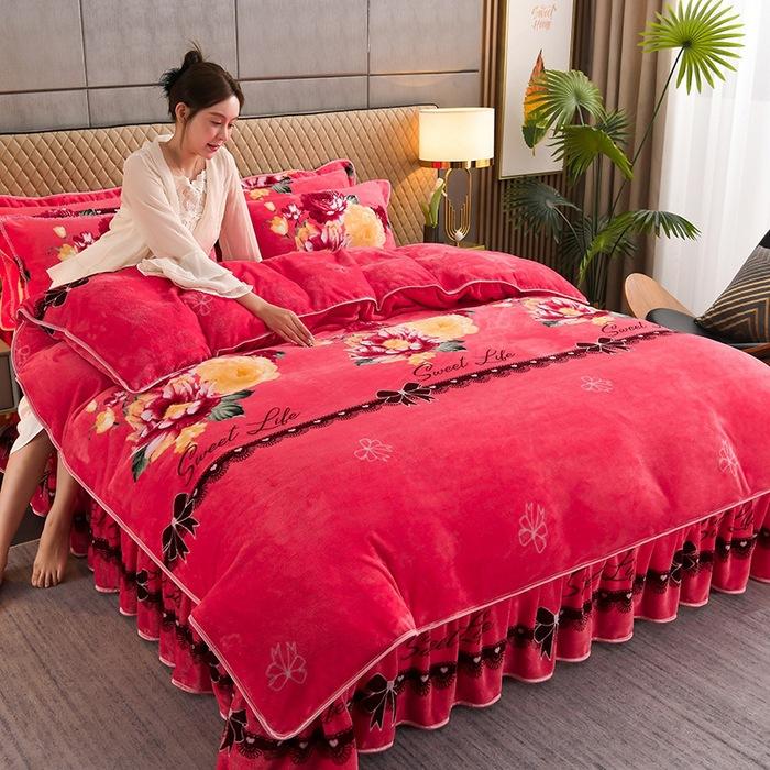 Maternal And Infant Grade Thickened Milk Fleece Four-Piece Set, Double-Sided Coral Fleece Fleece Quilt Cover, Flannel Bed Sheet