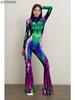 Women Christmas Flare Jumpsuit Candy Cane Snowflake Pattern Bell Bottom Skull Bodysuit Halloween Xmas Clubwear Party Costume