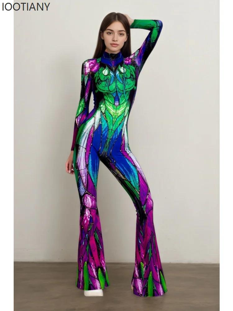 Women Christmas Flare Jumpsuit Candy Cane Snowflake Pattern Bell Bottom Skull Bodysuit Halloween Xmas Clubwear Party Costume