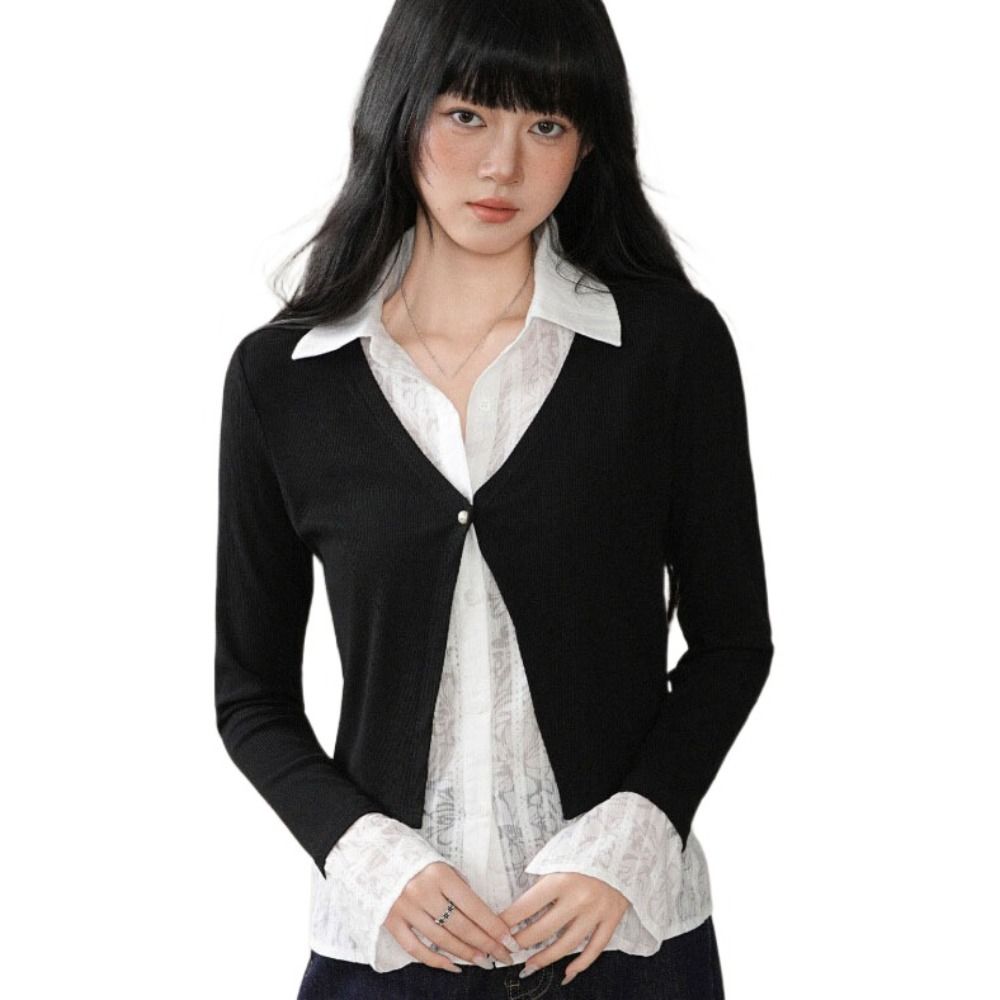 Flip Collar False Two-piece Top Slim Fit Lace Long Sleeved Knitwear Ins Lace Shirts Knitwear  Party