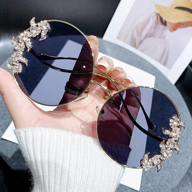 New Style Frameless Cut-edge Diamond Sunglasses With Wave Design Temple Glasses Fashionable Round Rhinestone Sunglasses