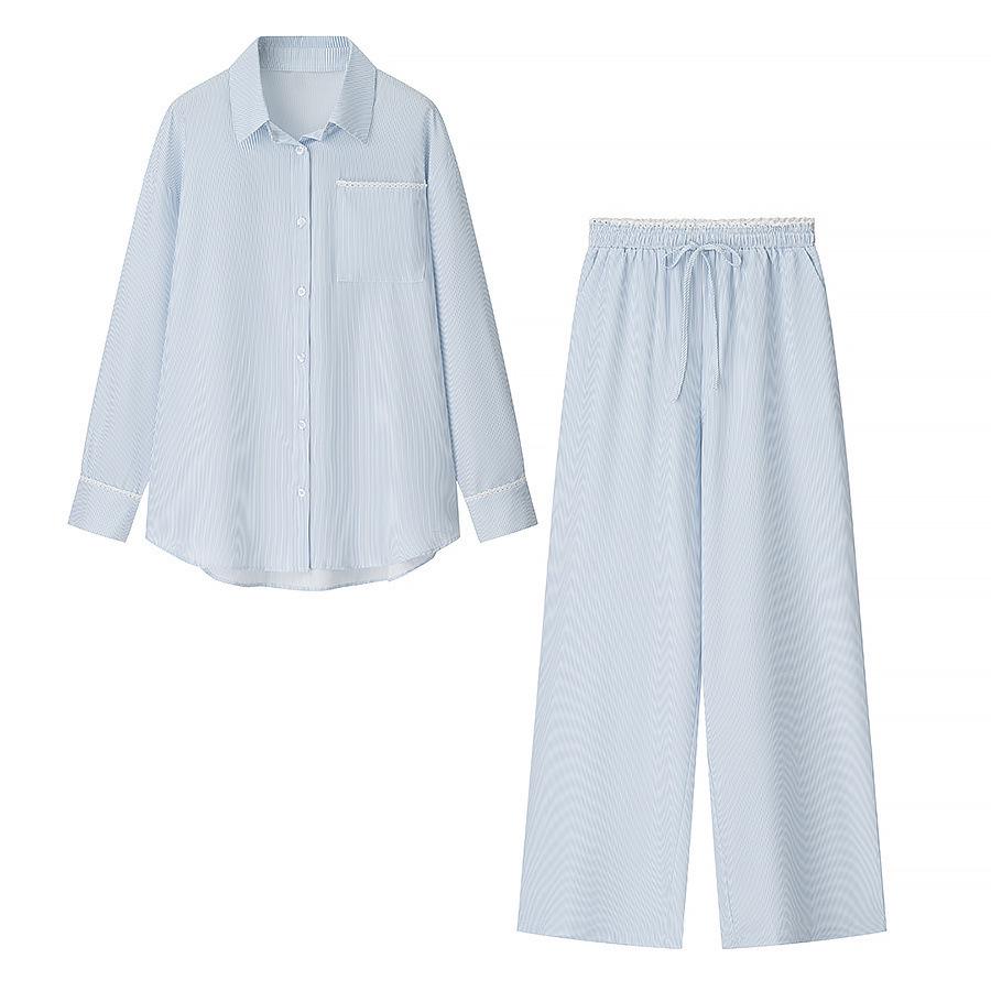 European and American Style Women's Striped Shirt and Wide-Leg Pants Set