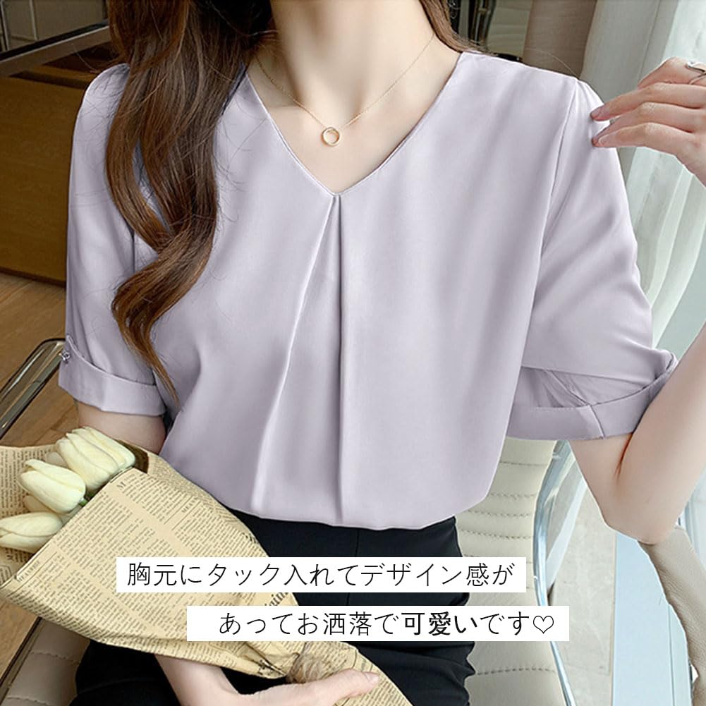 Short Chiffon Loose Body Summer [Bidason] Women's Blouse, Sleeve, Shirt, V-Neck, Summer, Fit, Slimming, Tuck, Casual, Covering, Neat, Stylish, Cute,