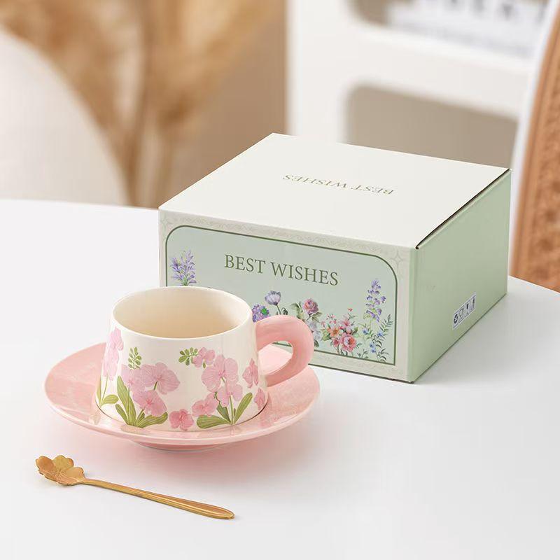 Linglong Flower Coffee Cup And Saucer Set High Value Ceramic Original Watercolor Painting Fashion Ceramic Coffee Cup And Saucer