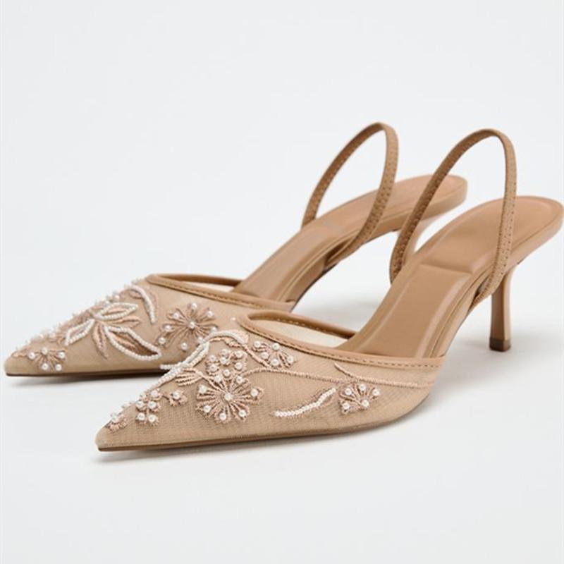 Fashion Luxury Mesh Embroidery High Heels Women Sexy Pointed Toe String Bead Slingback Heeled Sandals Summer Elegant Banquet Dress Shoes
