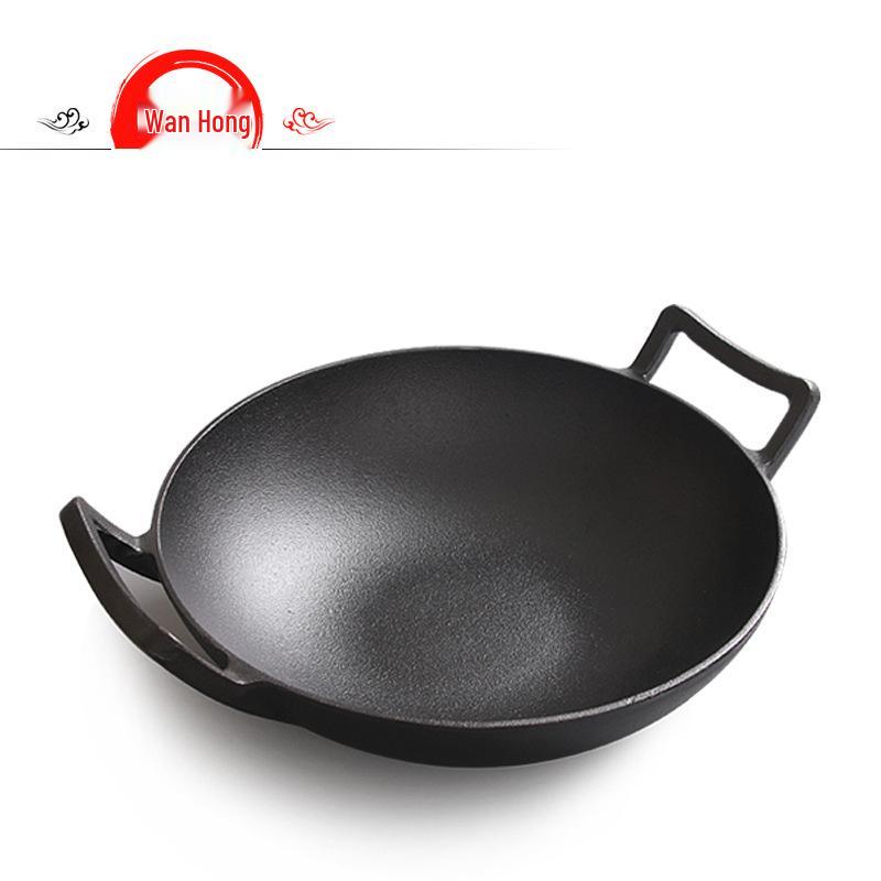 

Thickened Cast Iron Double-Handle Wok – No Coating, Flat-Bottom Stew Pot, Healthy Kitchenware, Old-Fashioned Iron Design. 30cm Flat-Bottom Wok