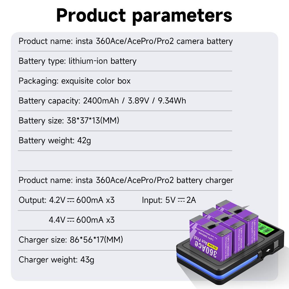 2400mAh High Capacity For Insta360 Ace Pro Ace Battery+3-Slot LED Fast Charger For Insta 360 Ace Pro 2 Action Camera Accessories